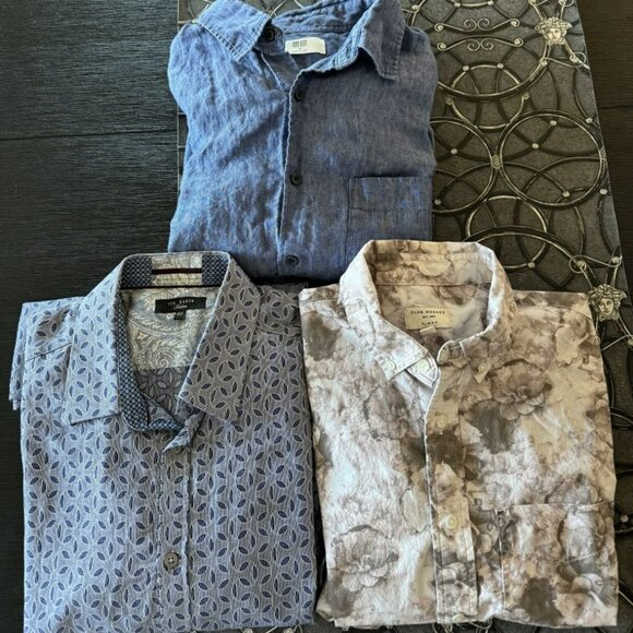 LOT OF 3 BUTTON UP DRESS SHIRTS TED BAKER CLUB MONACO UNIQLO COTTON LINEN BLUE - Picture 1 of 10